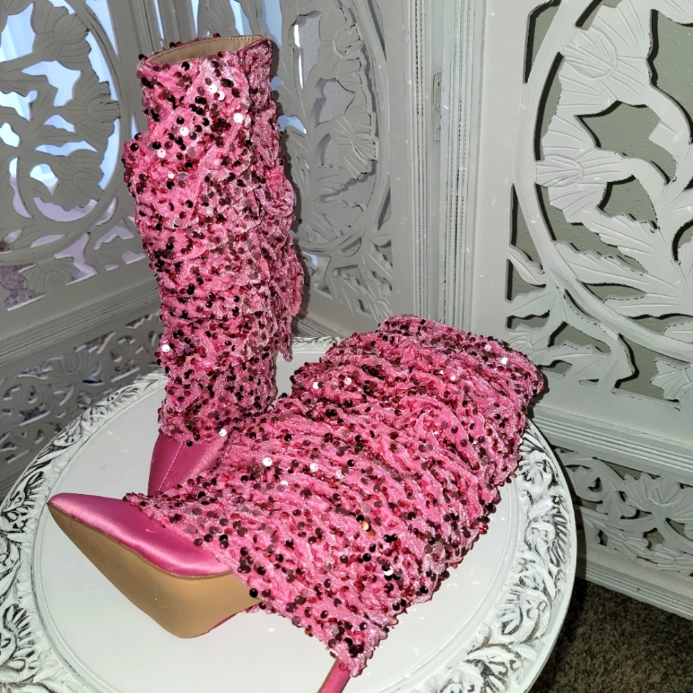 Custom Order "THEA" Pink Sequin Velvet & Satin Ankle Boots - Picture 5 of 7